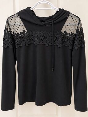 Black Lace Mesh Hooded Long Sleeve Top Sheer Floral Gothic Romantic Y2K